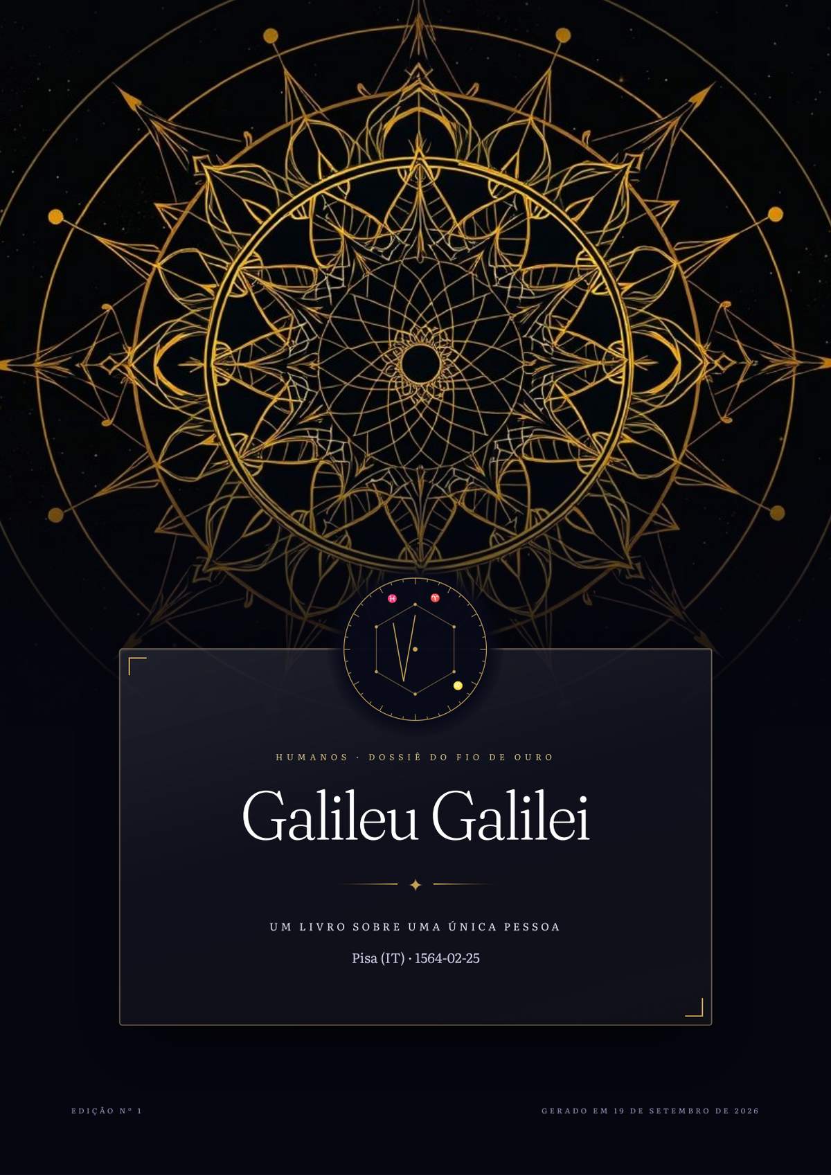 Capa de um exemplar: mandala dourada e o brasão que nasce dos dados da pessoa
