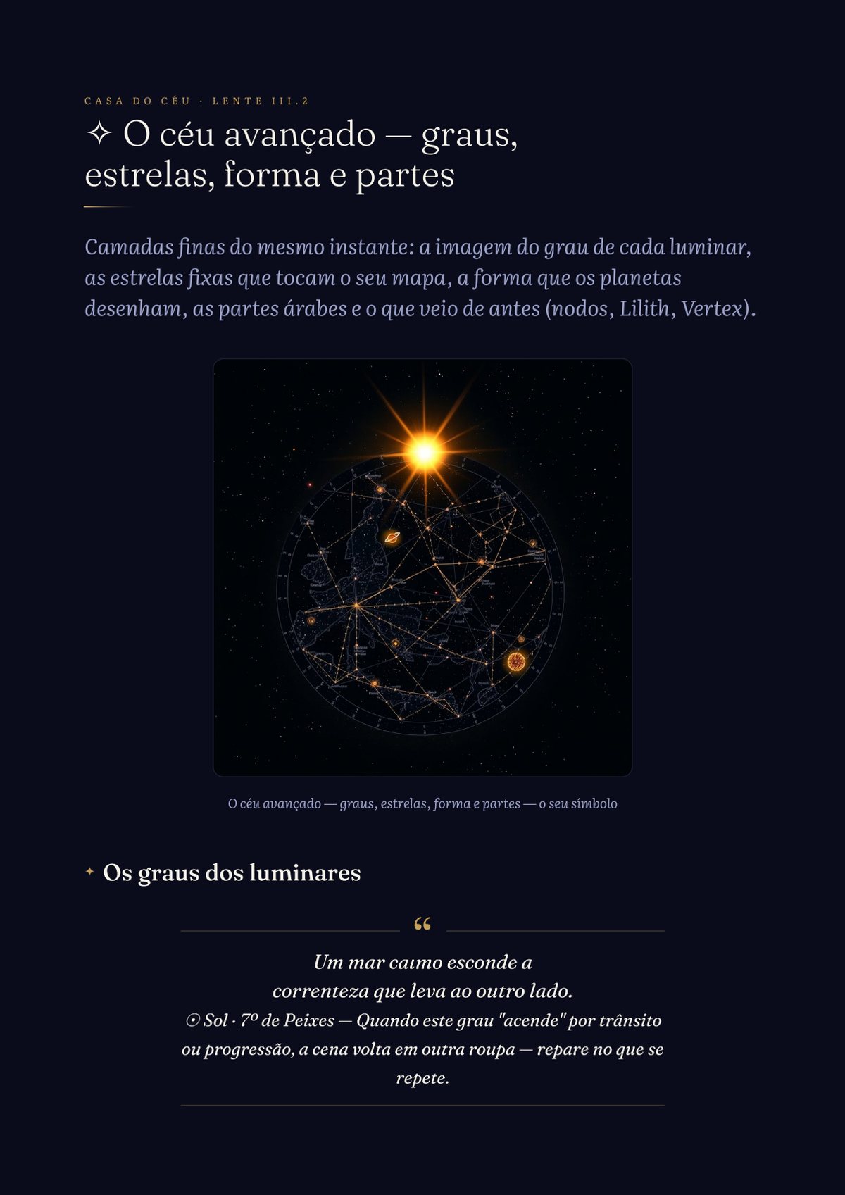 Céu avançado: grau do Sol, estrelas fixas, forma do mapa