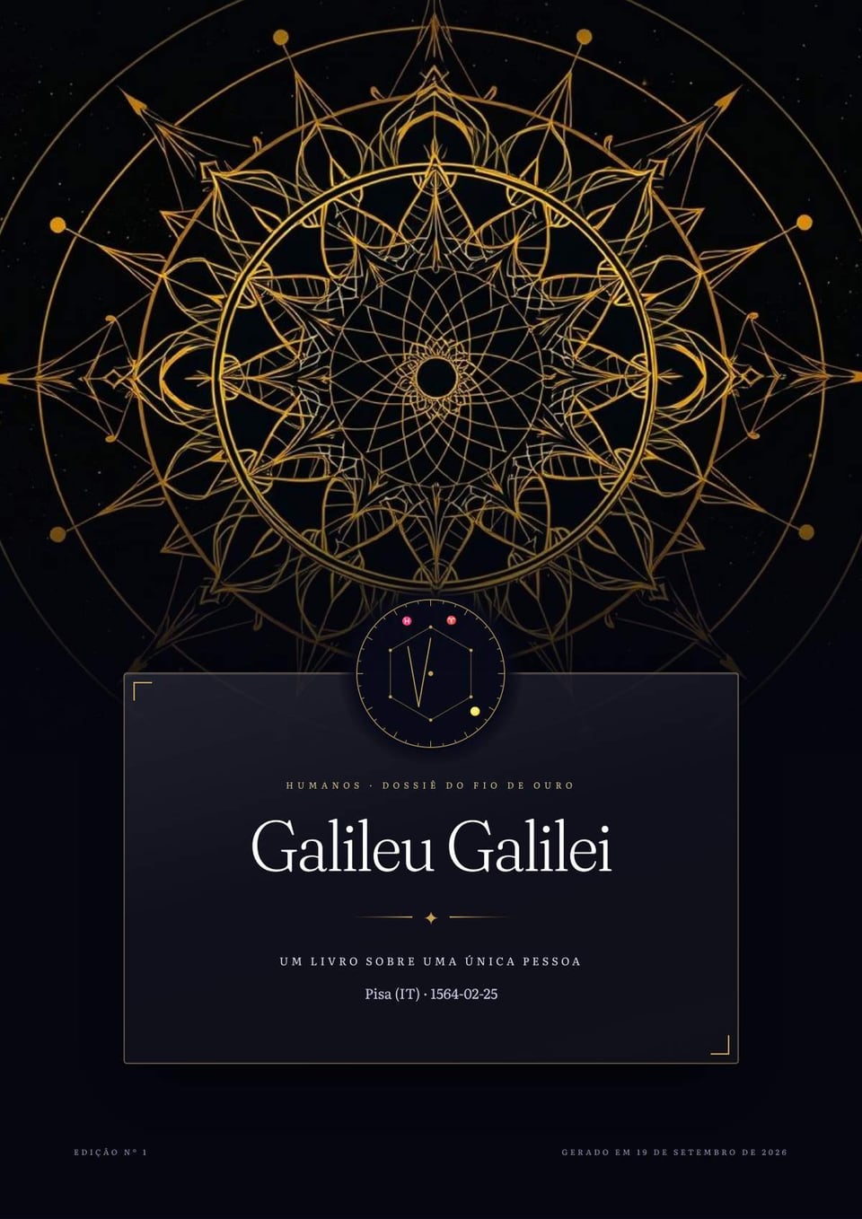 Capa de um exemplar: mandala dourada e o brasão que nasce dos dados da pessoa