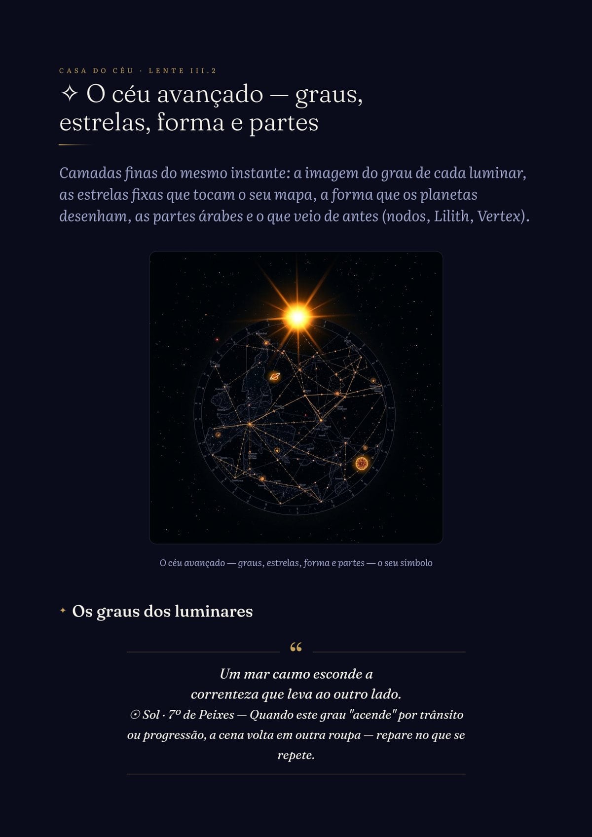 Céu avançado: grau do Sol, estrelas fixas, forma do mapa